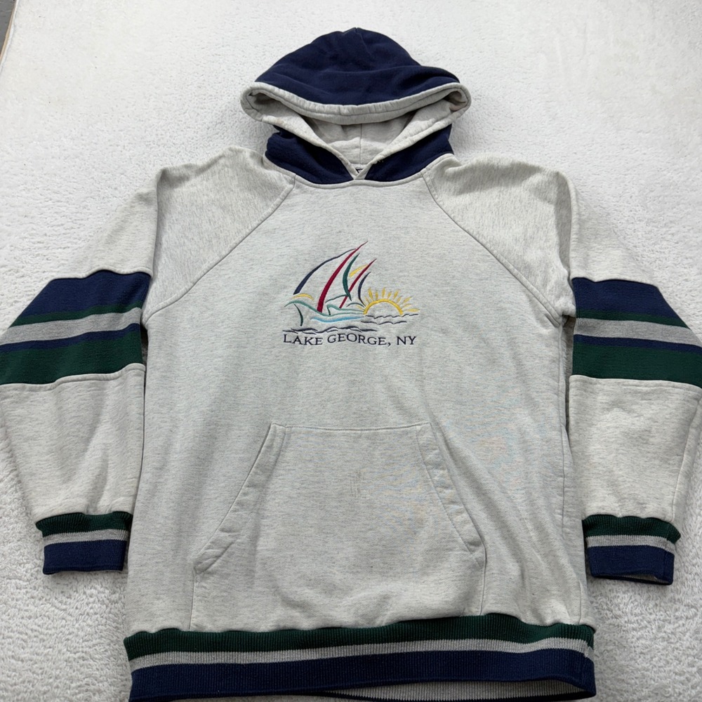 Vintage Power USA Lake George NY Hoodie Mens L/XL Gray Navy Colorblock Striped